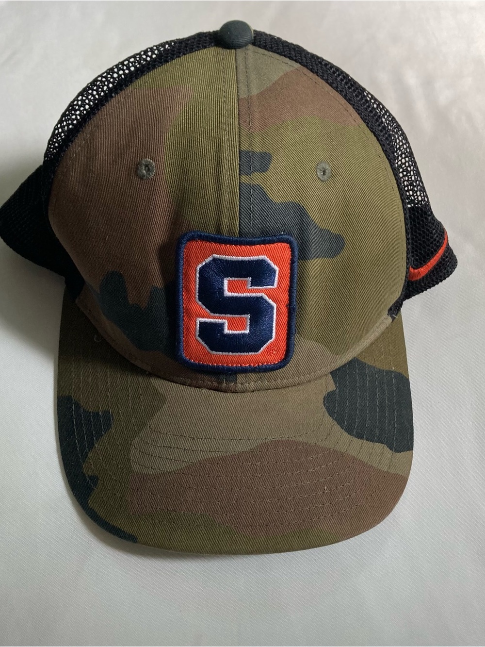 Nike Syravuse Camo Trucker Hat with Orange & Navy 'S' Patch gameday college Gorp